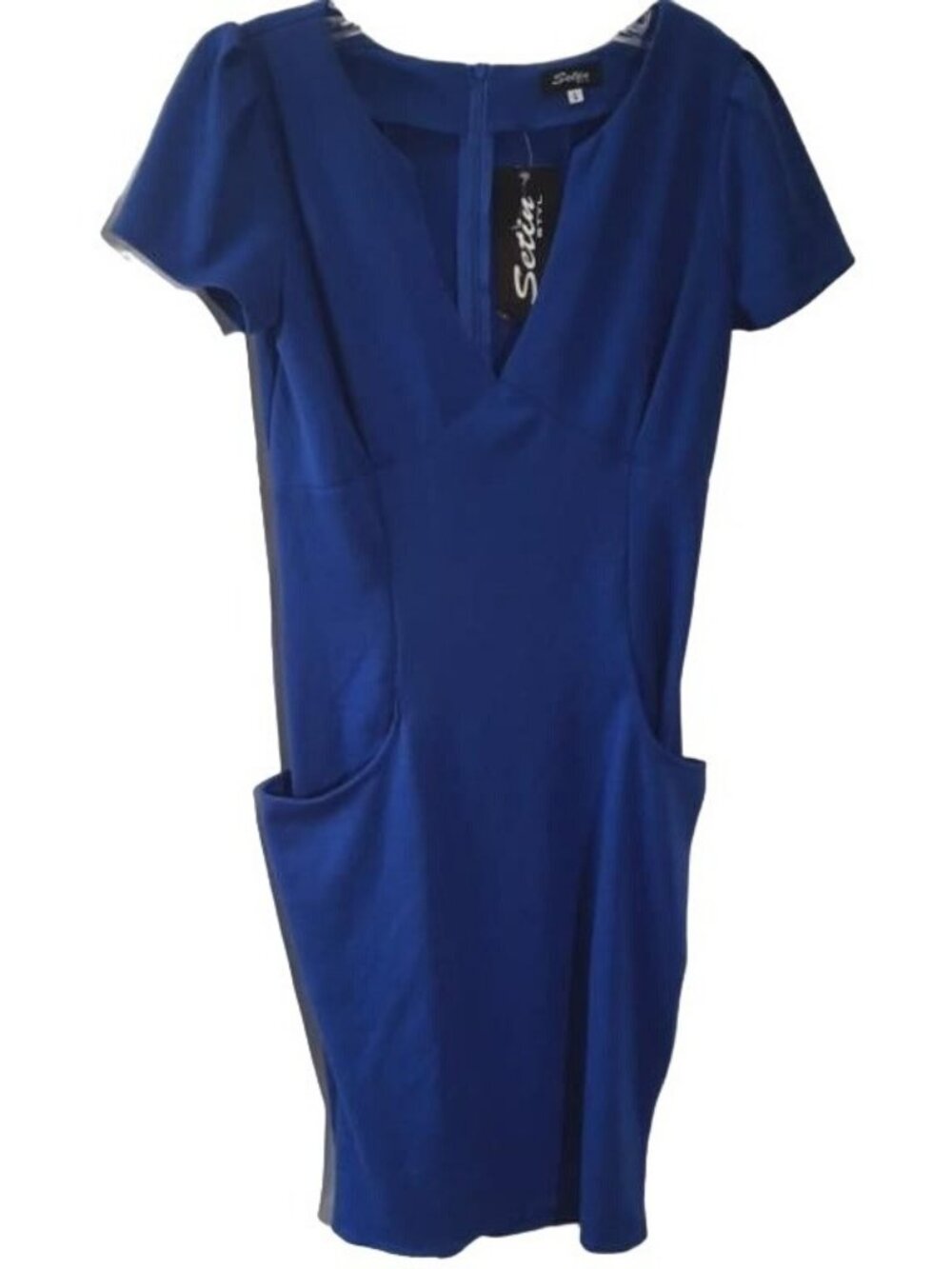 Setin STYL Short Sleeve Cobalt Blue Midi Dress Size Large with V neck & pockets